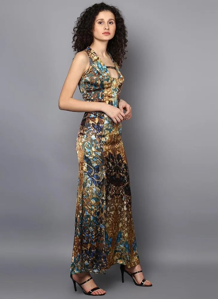 Satin Printed Full Length Dress with Front Slit