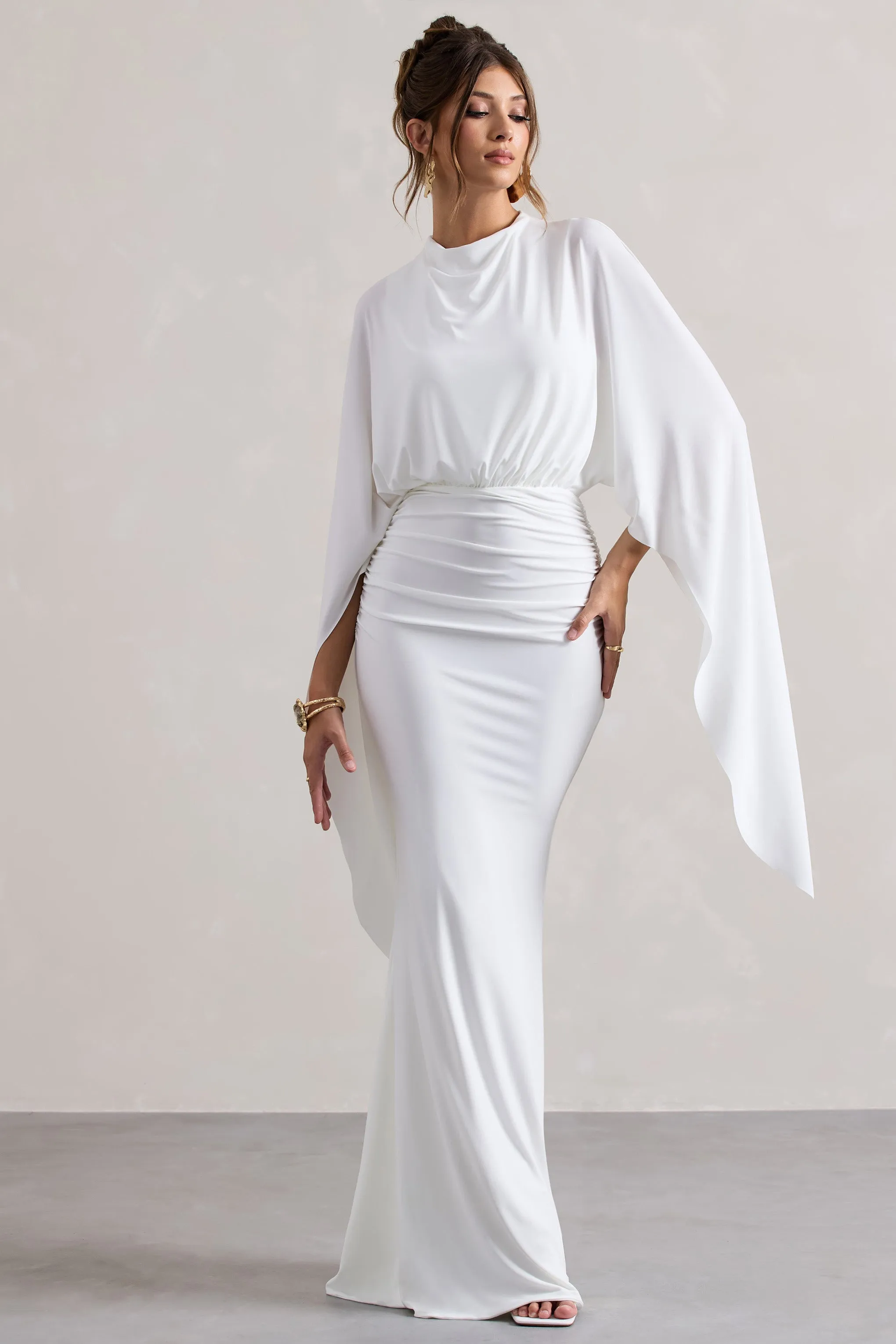 Shea | White High-Neck Cape Sleeve Maxi Dress