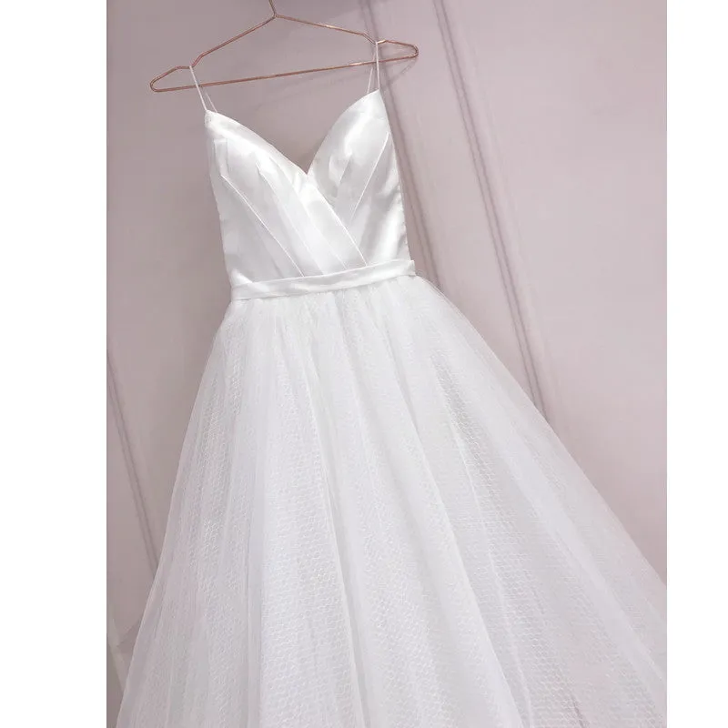 Simple White Tulle with Satin V-neckline Tea Length Wedding Dress, Simple White Party Dress