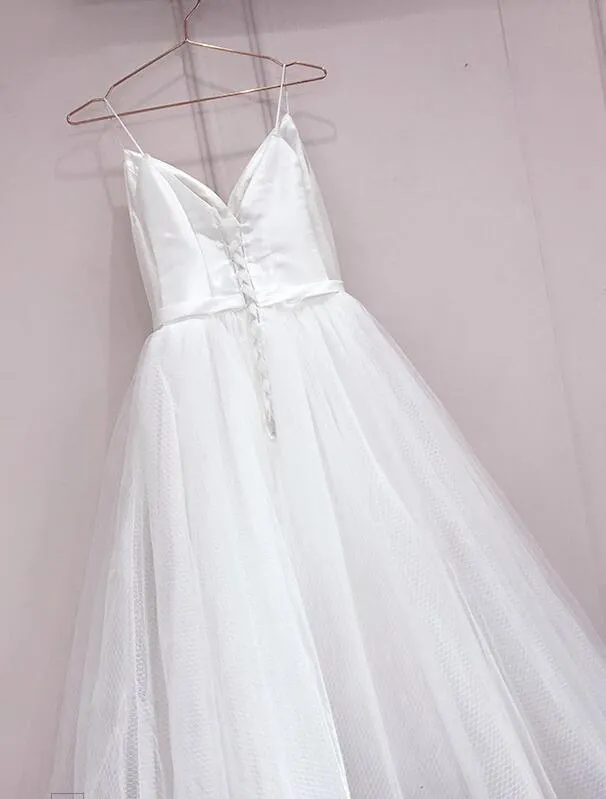 Simple White Tulle with Satin V-neckline Tea Length Wedding Dress, Simple White Party Dress