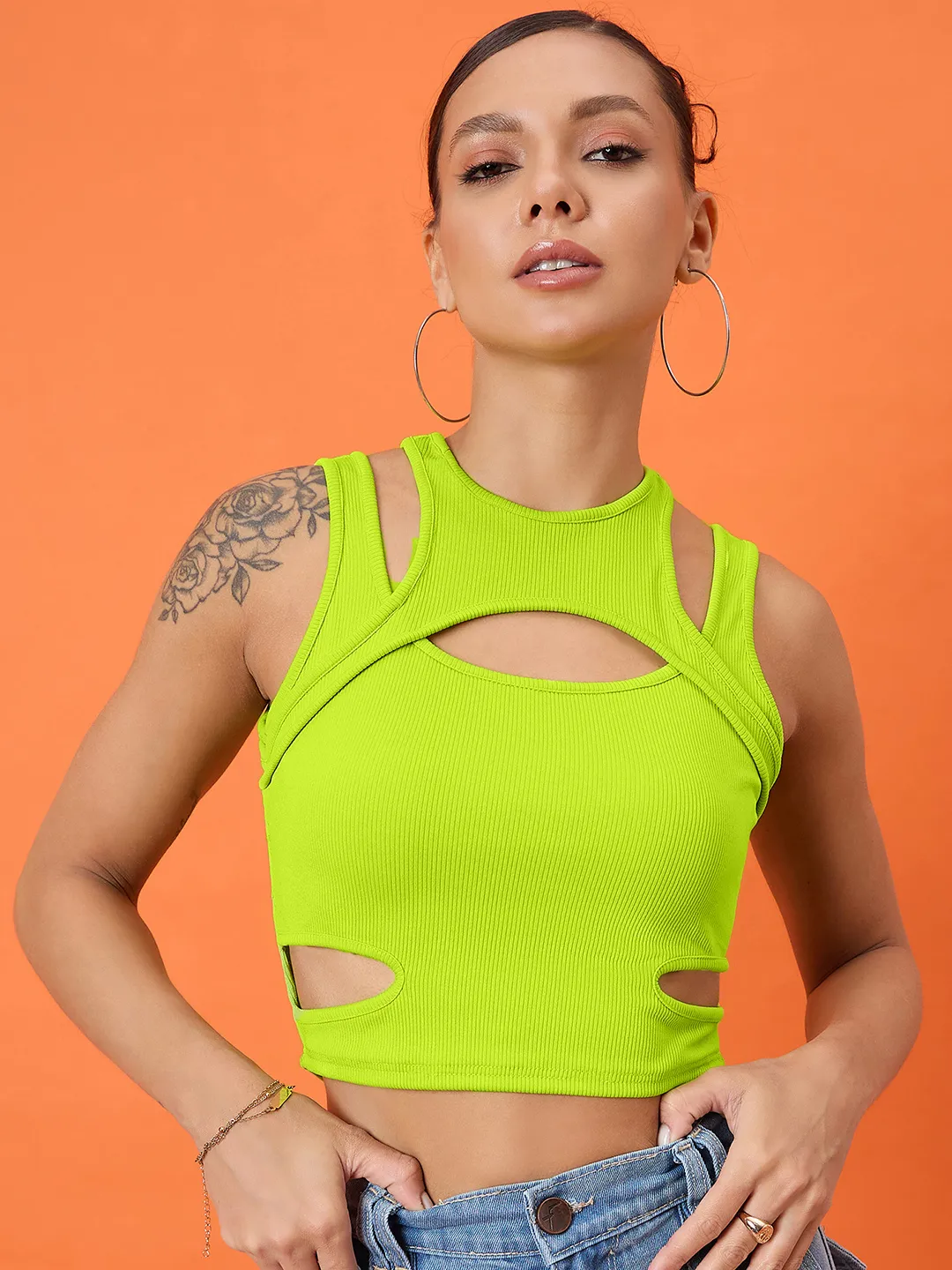 Sleeveless Stretchable Ribbed Top with Front Cut Outs