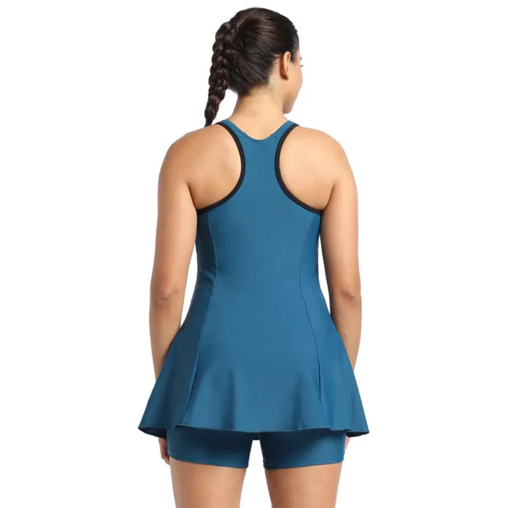 Speedo Women's AF Racerback Swimdress with Boyleg (Dark Teal/Black)