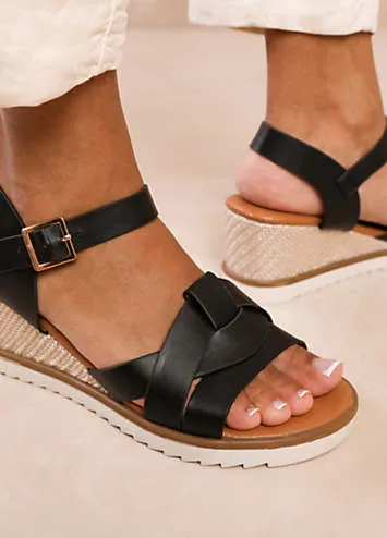 Where’s That From Sydney Wedge Sandals with Front Strap Detail in Black PU | Kaleidoscope