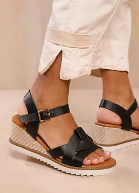 Where’s That From Sydney Wedge Sandals with Front Strap Detail in Black PU | Kaleidoscope