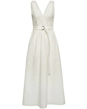 White Biege Crinkle Cotton Belted Dress