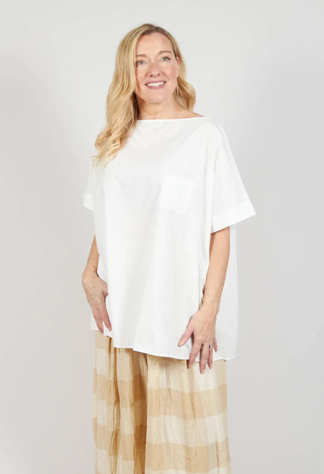 Wide Neck Boxy Top with Front Pocket in Latte