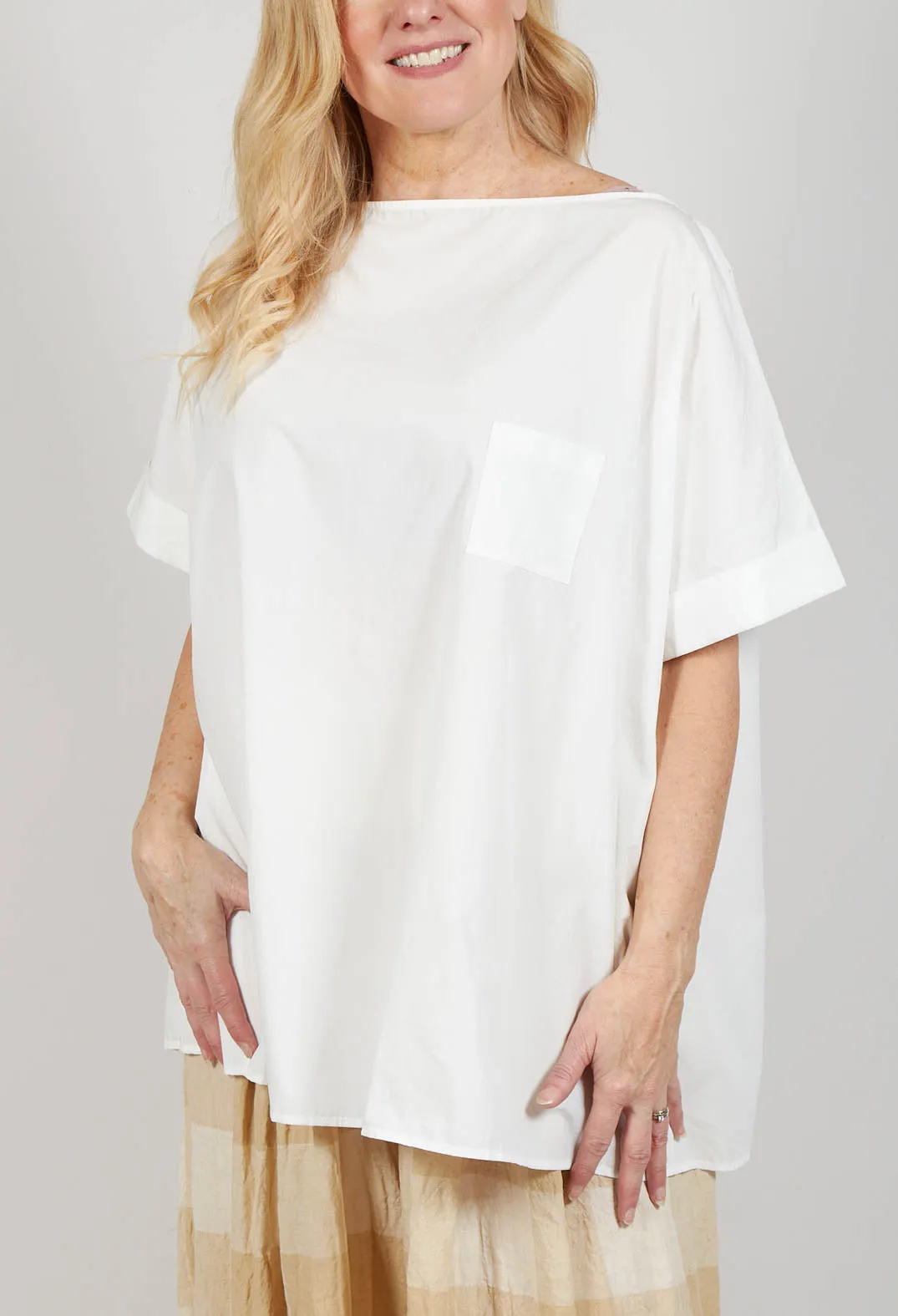 Wide Neck Boxy Top with Front Pocket in Latte