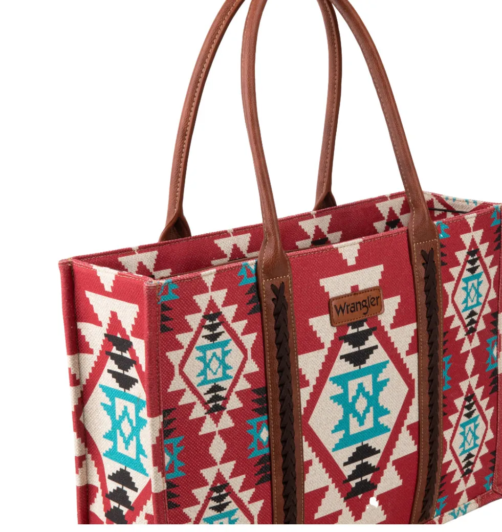 Wrangler Southwestern Pattern Dual Sided Print Canvas Wide Tote Burgandy