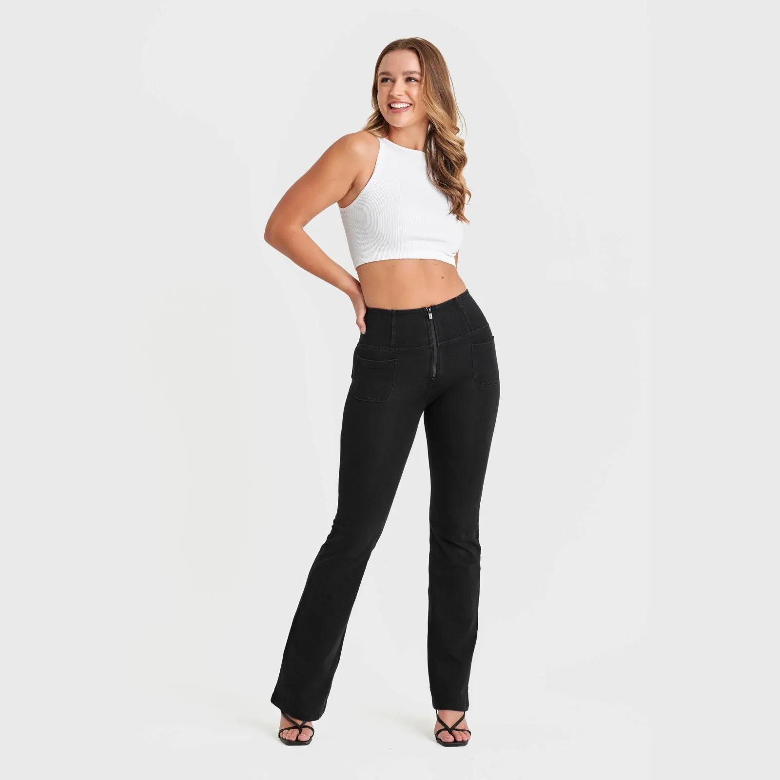 WR.UP Denim with Front Pockets - Super High Waisted - Flare - Black + Black Stitching