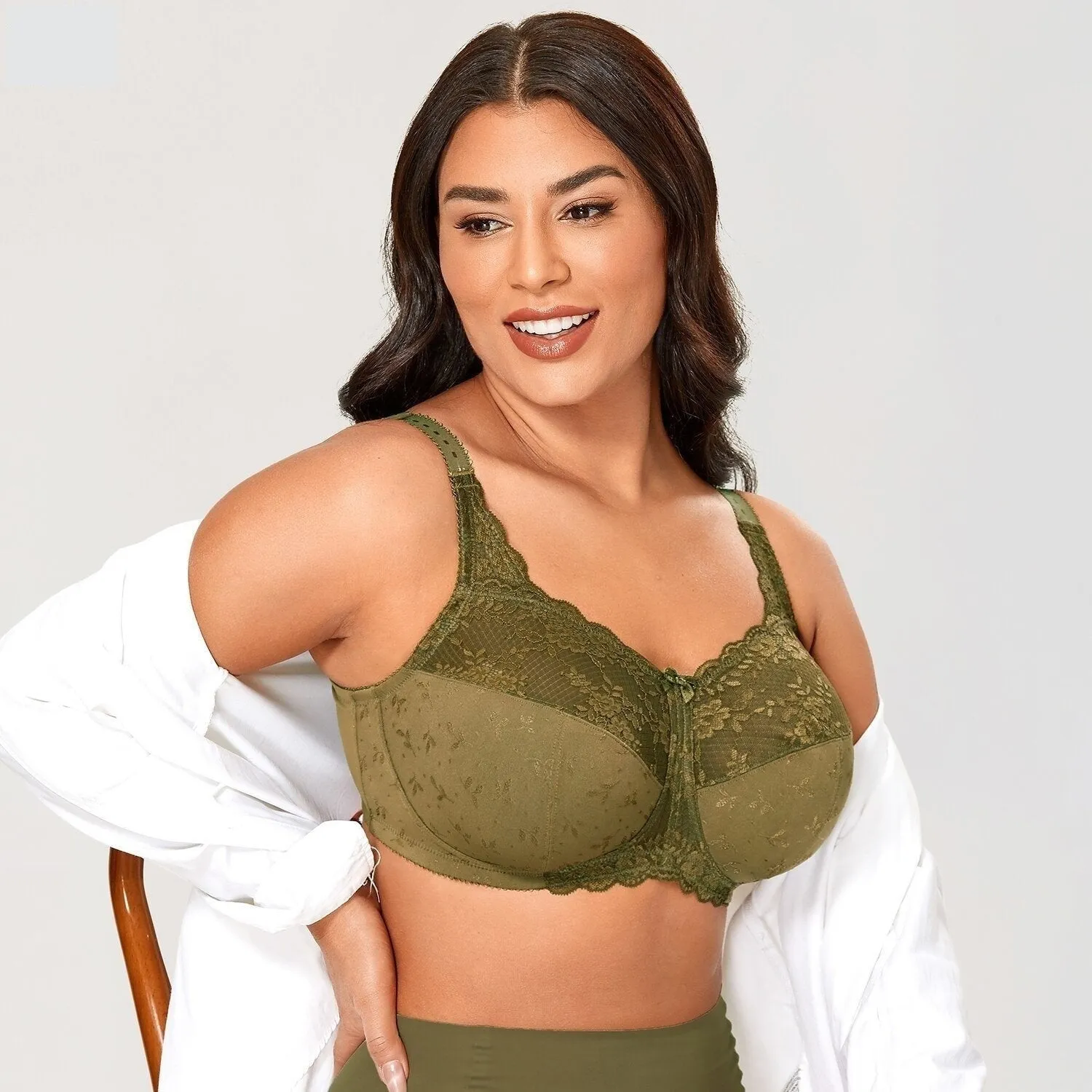 Yellow Olive Color Unlined Full Coverage Mesh Comfort Wireless Lace Bra