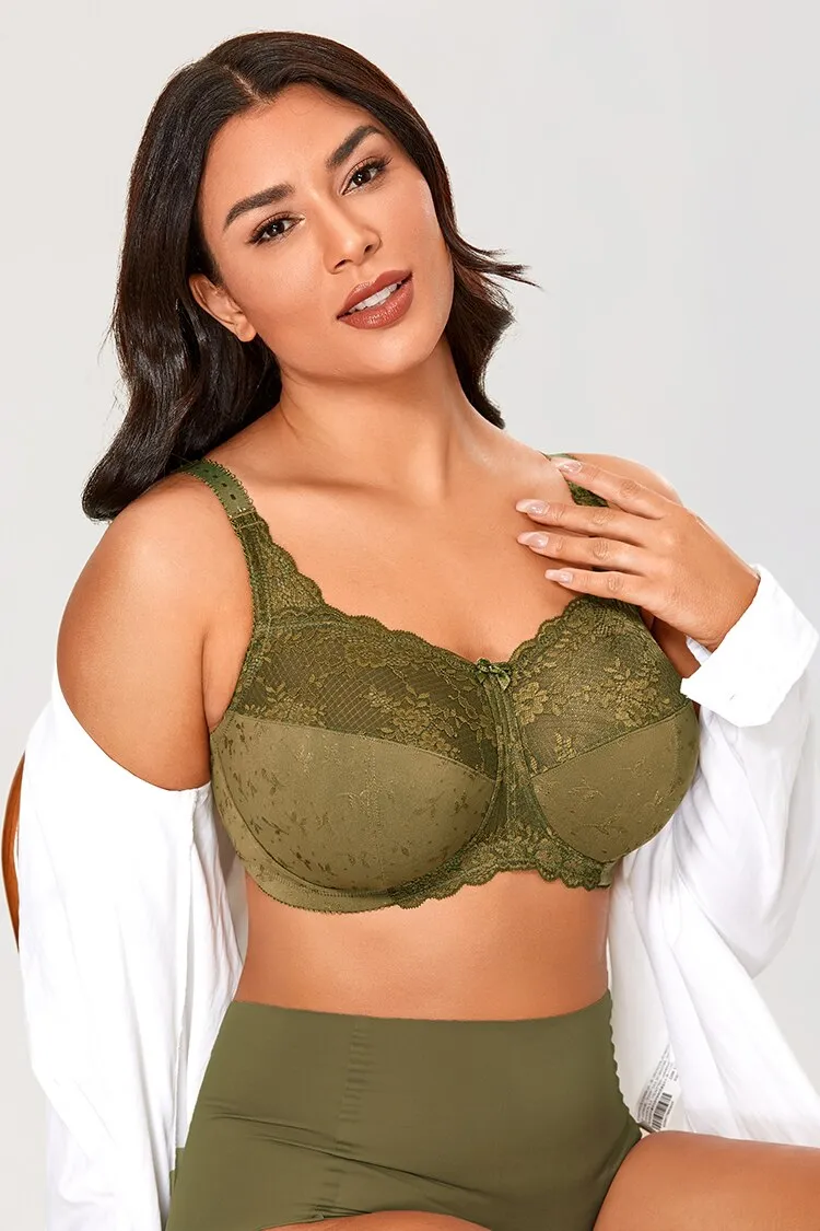 Yellow Olive Color Unlined Full Coverage Mesh Comfort Wireless Lace Bra