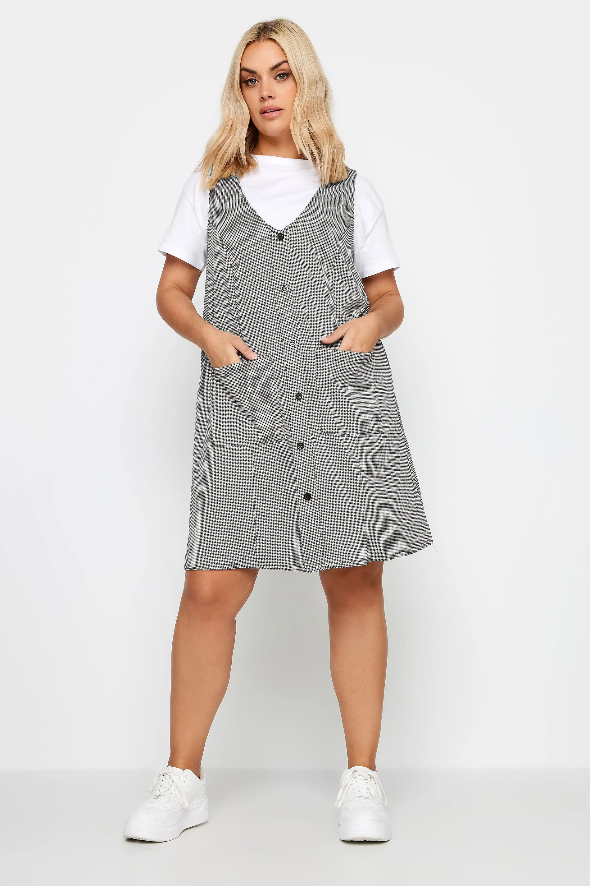 YOURS Curve Grey Check Print Button Through Pinafore Dress