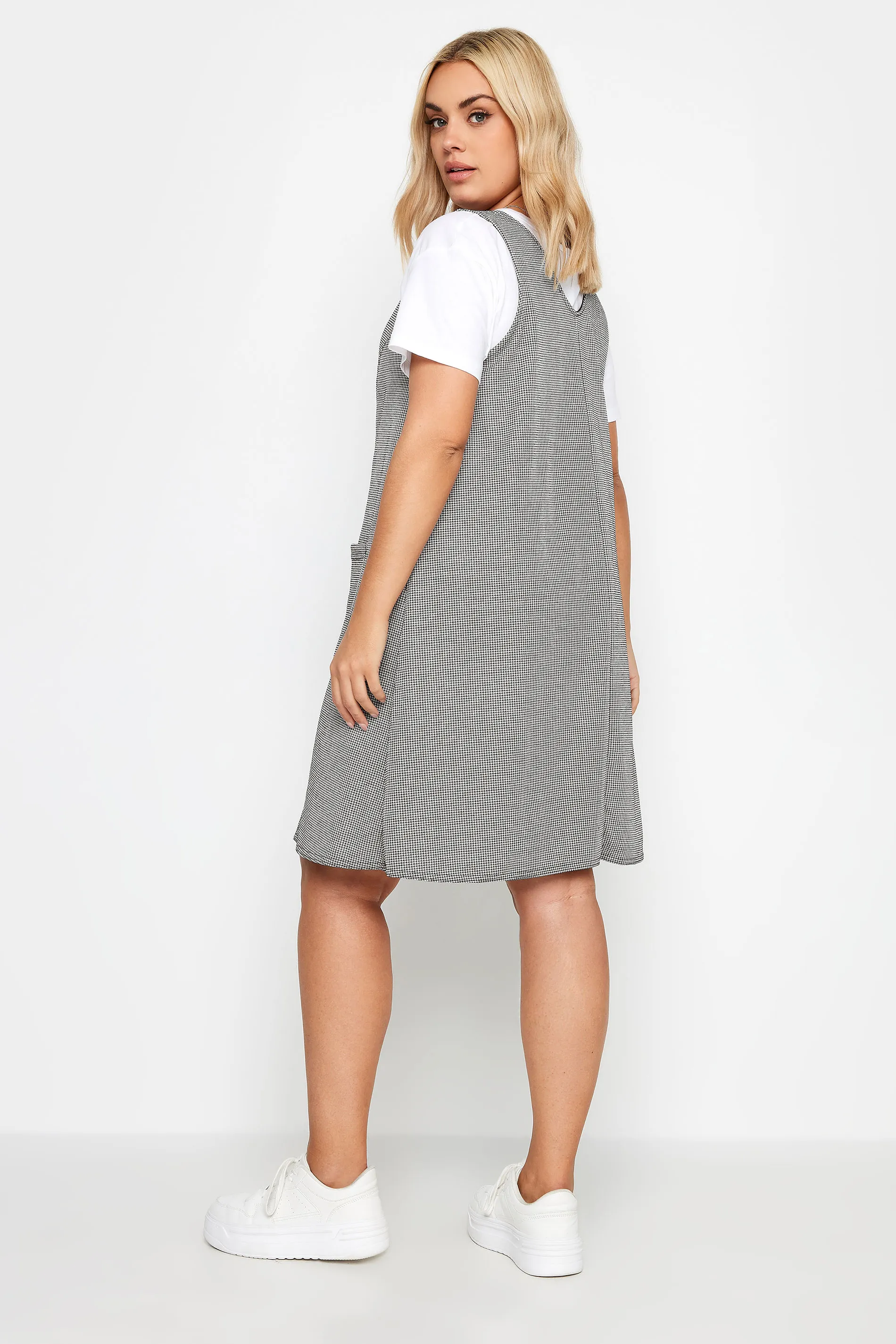 YOURS Curve Grey Check Print Button Through Pinafore Dress