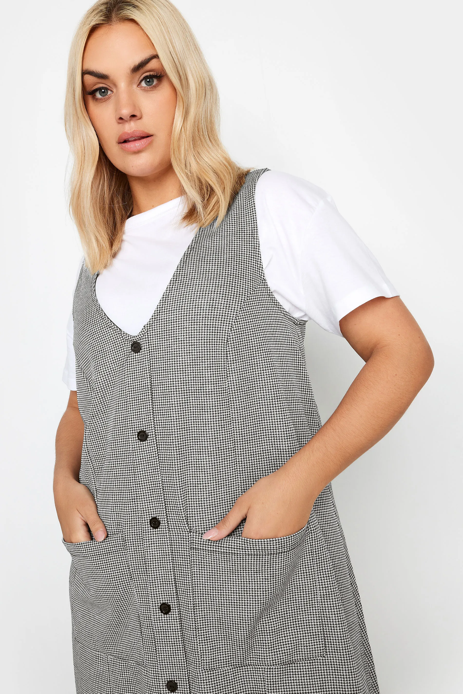 YOURS Curve Grey Check Print Button Through Pinafore Dress